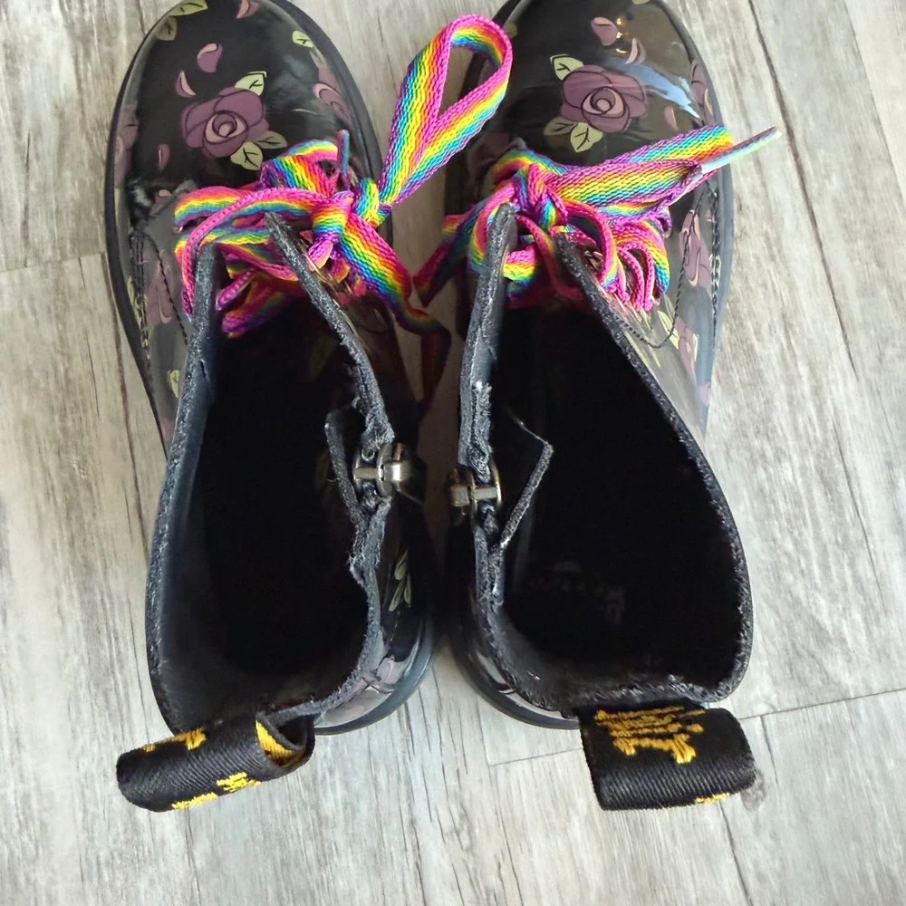 Dr. Martens 1460 J Floral Doodle Patent Leather Boots Black Pink Girl's Size 3